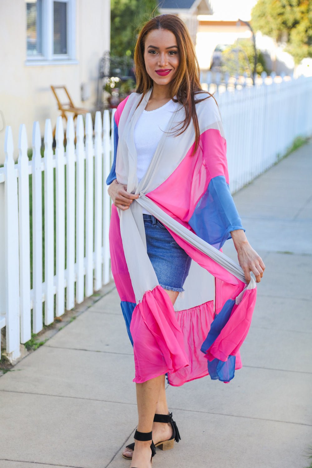 Feel Your Best Taupe & Fuchsia Color Block Ruffle Hem Kimono - Bitsy Gypsy Boutique