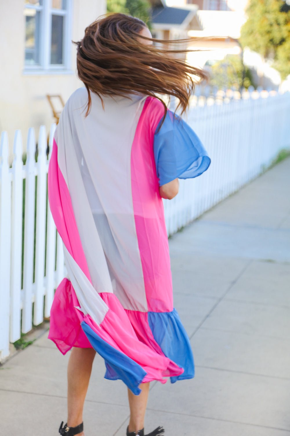 Feel Your Best Taupe & Fuchsia Color Block Ruffle Hem Kimono - Bitsy Gypsy Boutique