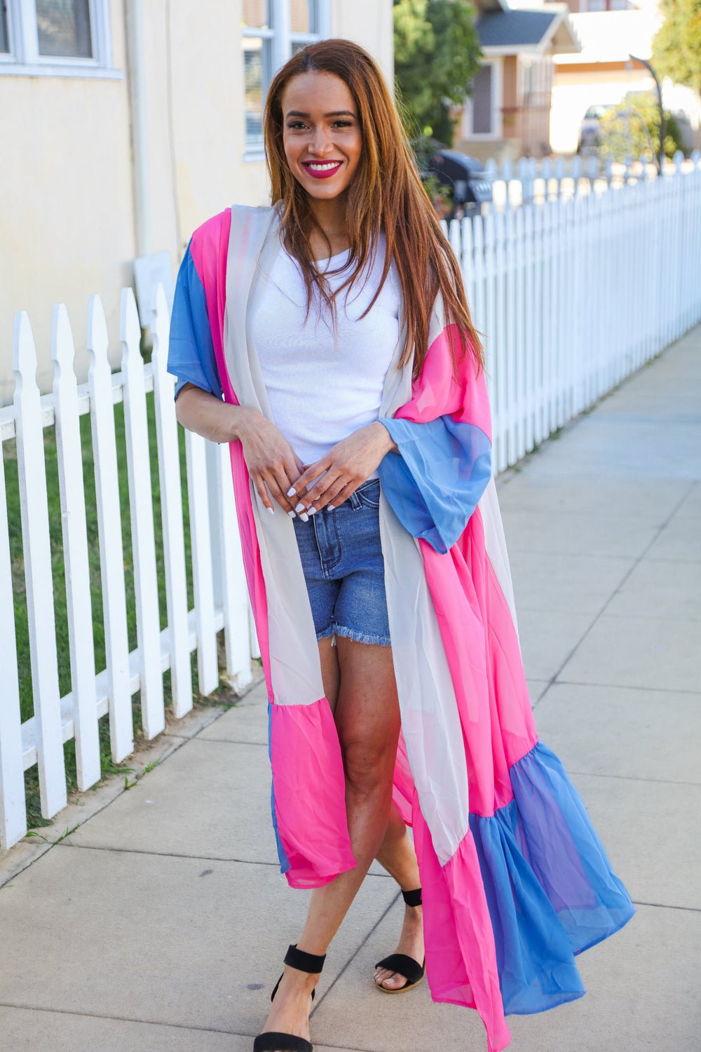 Feel Your Best Taupe & Fuchsia Color Block Ruffle Hem Kimono - Bitsy Gypsy Boutique