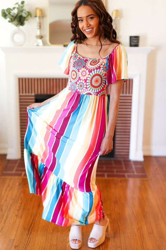 Feeling Bold Fuchsia & Teal Striped Medallion Crochet Print Dress - Bitsy Gypsy Boutique