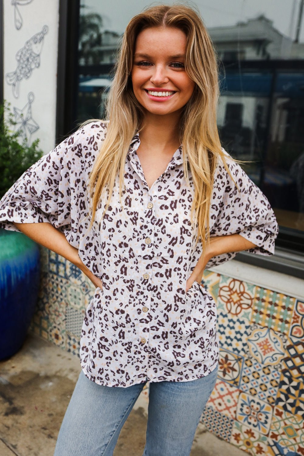 Feeling Bold Ivory Animal Print Dolman Collar Button Down Top - Bitsy Gypsy Boutique