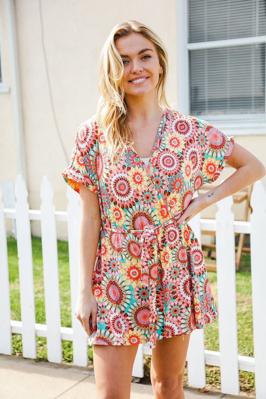 Feeling Bold Multicolor Mandala Print Surplice Tie Waist Romper - Bitsy Gypsy Boutique