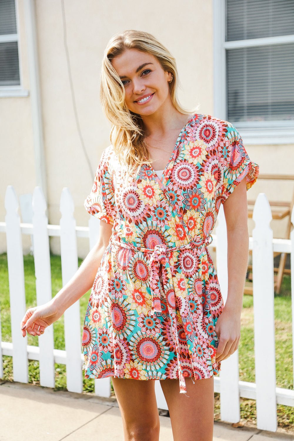 Feeling Bold Multicolor Mandala Print Surplice Tie Waist Romper - Bitsy Gypsy Boutique