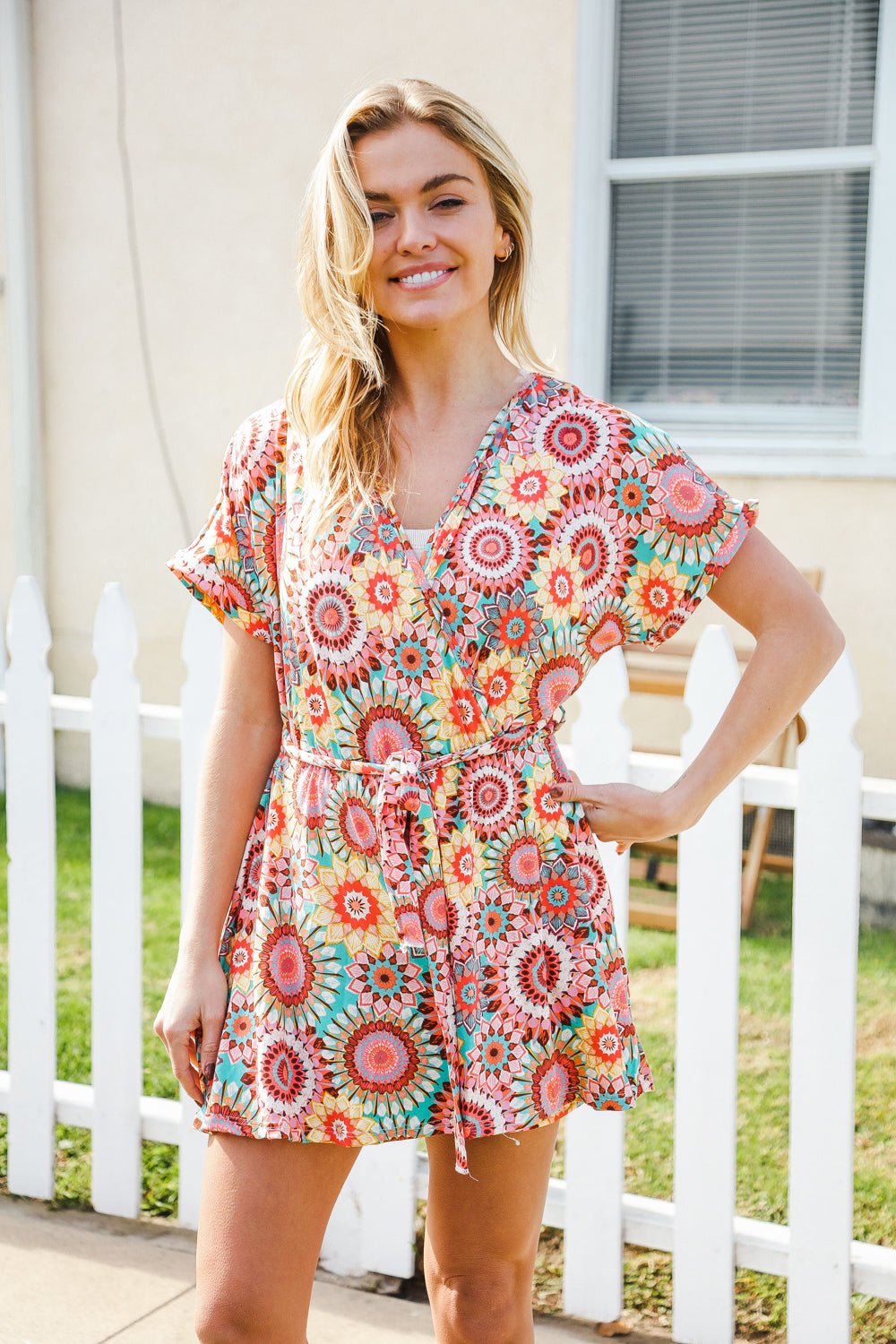 Feeling Bold Multicolor Mandala Print Surplice Tie Waist Romper - Bitsy Gypsy Boutique