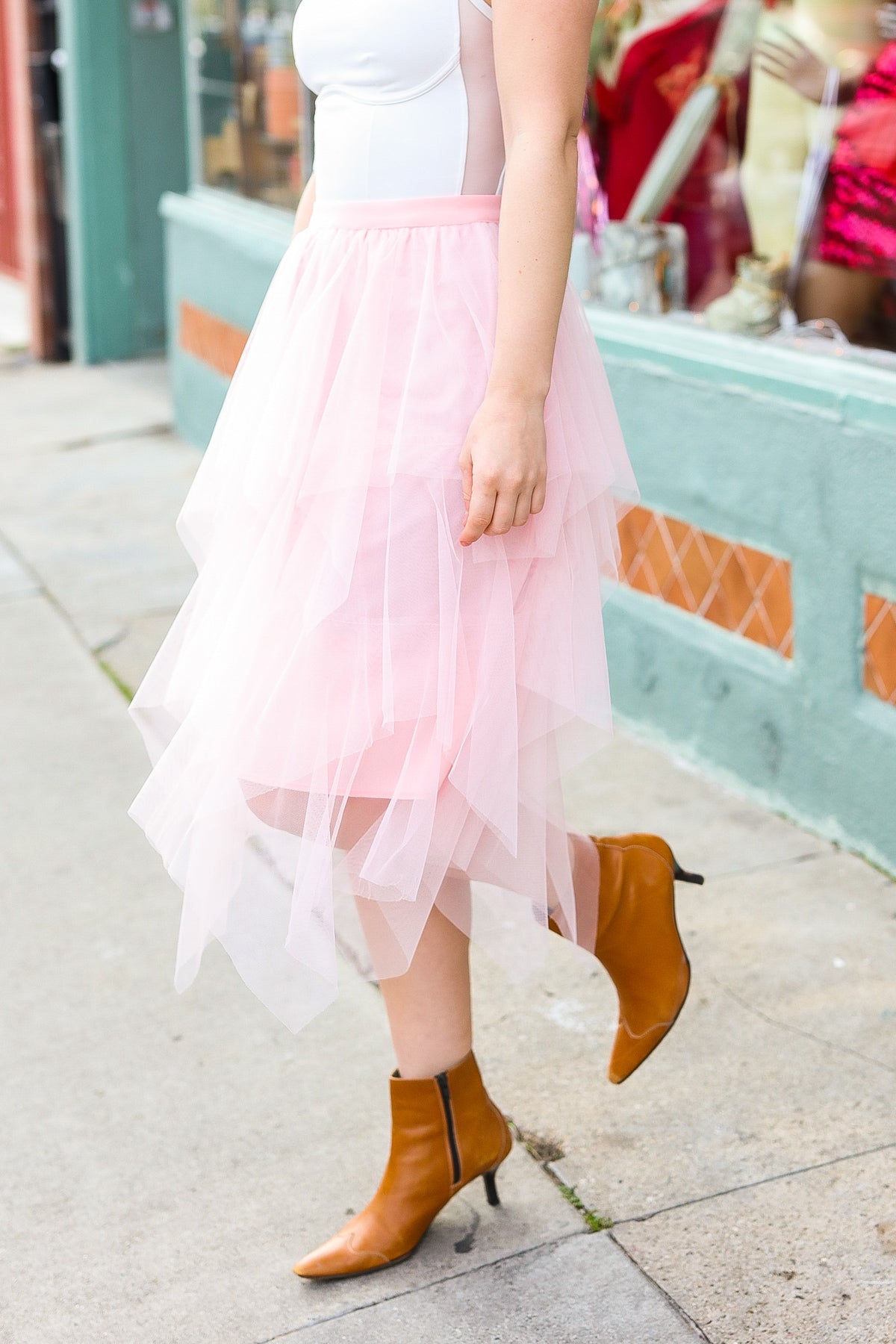 Feeling Femme' Blush Asymmetric Tiered Tulle Midi Skirt - Bitsy Gypsy Boutique