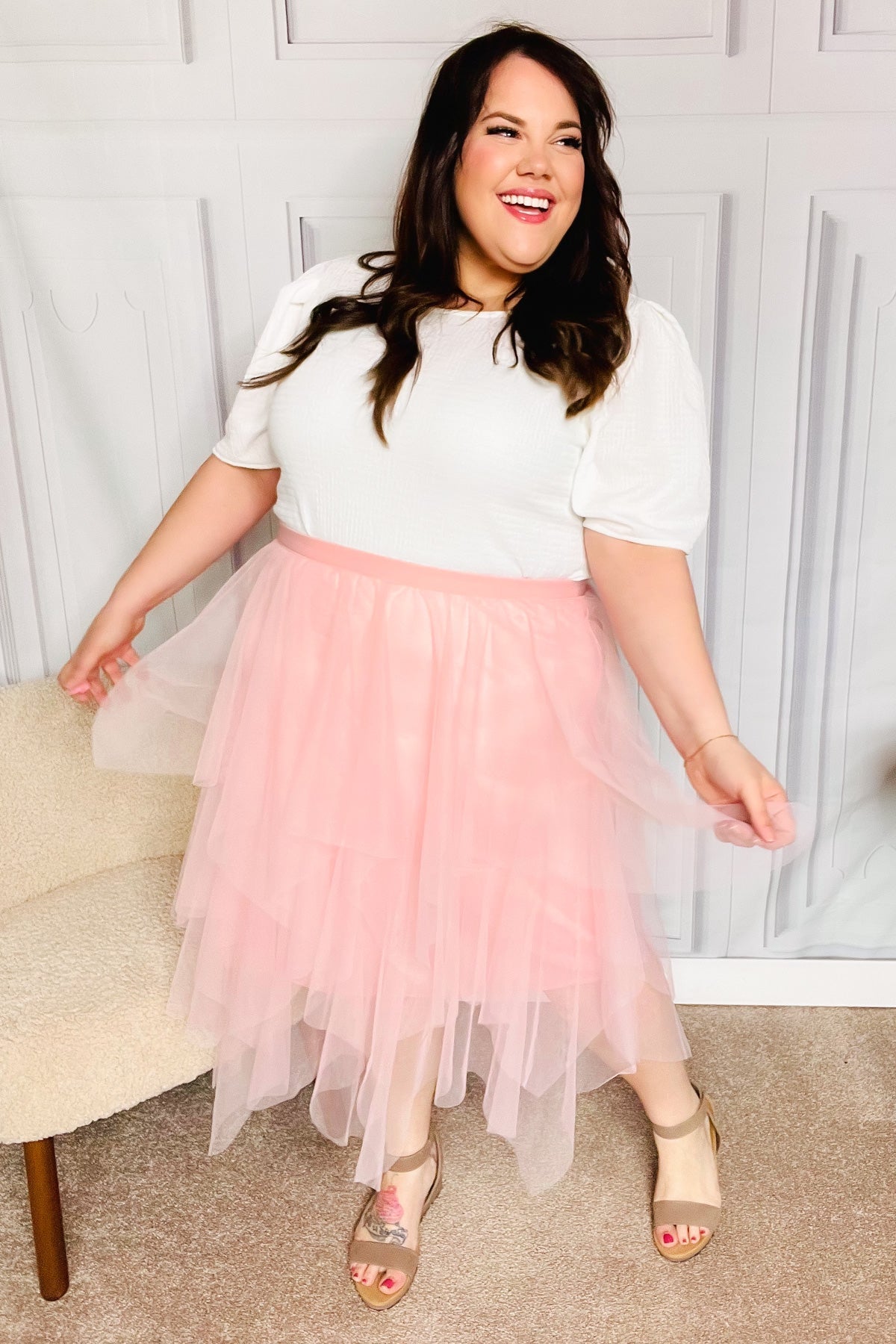 Feeling Femme' Blush Asymmetric Tiered Tulle Midi Skirt - Bitsy Gypsy Boutique