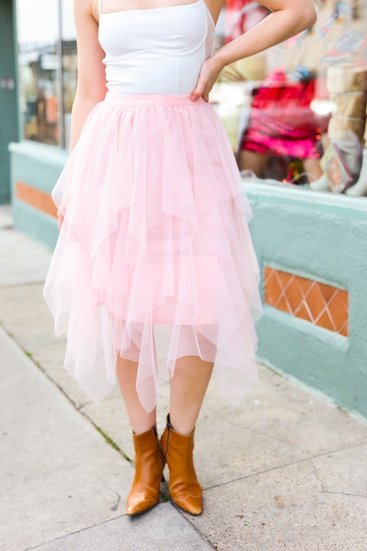 Feeling Femme' Blush Asymmetric Tiered Tulle Midi Skirt - Bitsy Gypsy Boutique