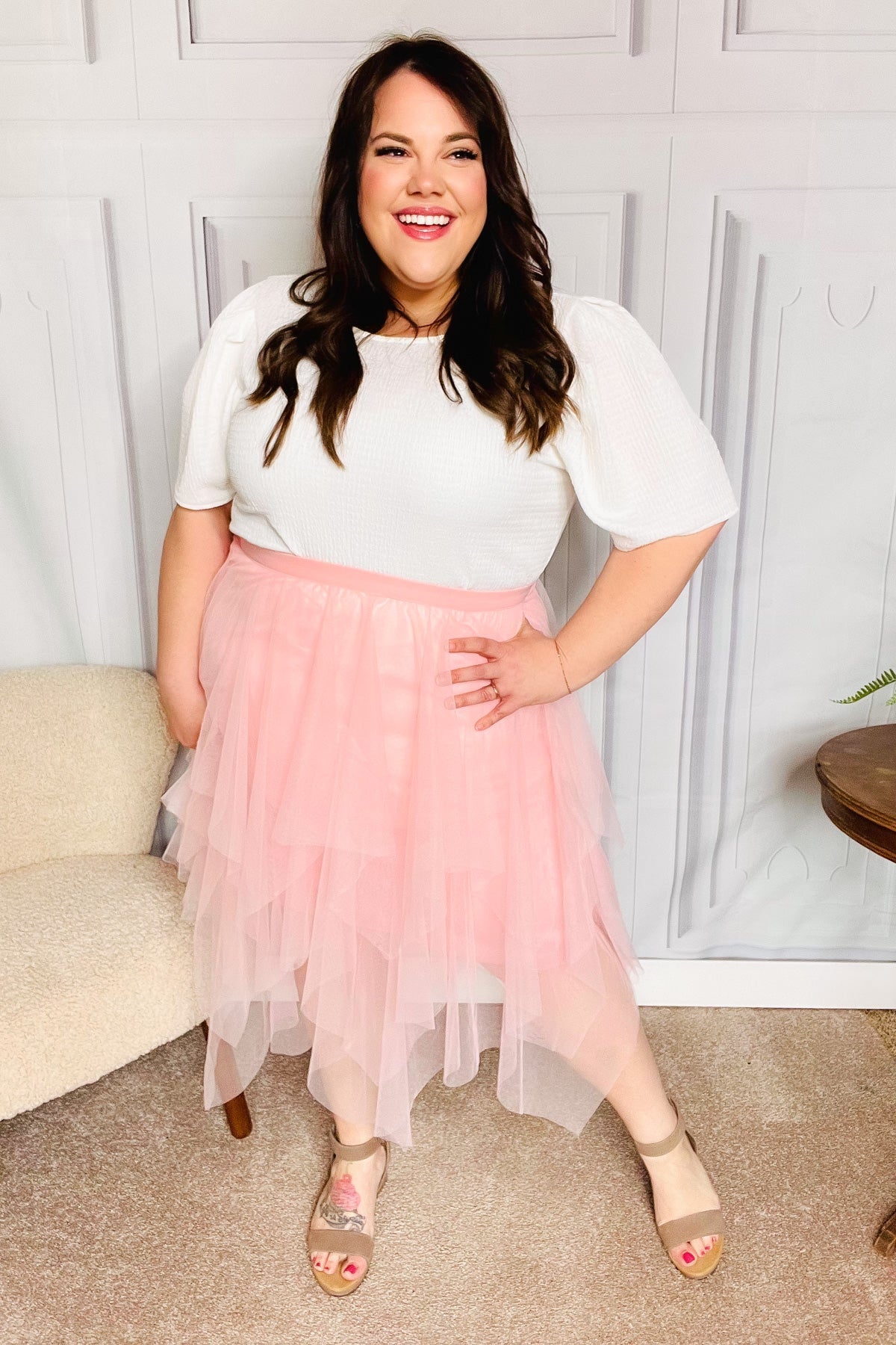 Feeling Femme' Blush Asymmetric Tiered Tulle Midi Skirt - Bitsy Gypsy Boutique