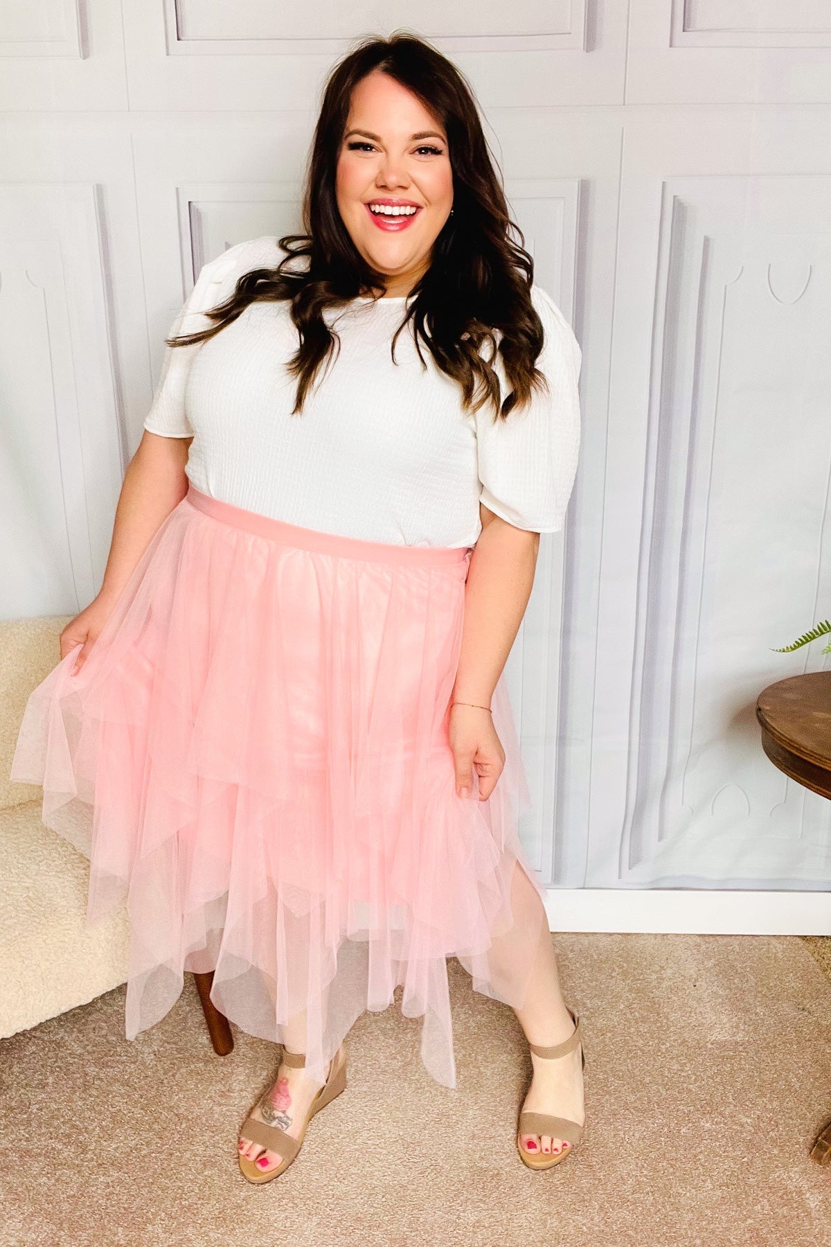 Feeling Femme' Blush Asymmetric Tiered Tulle Midi Skirt - Bitsy Gypsy Boutique