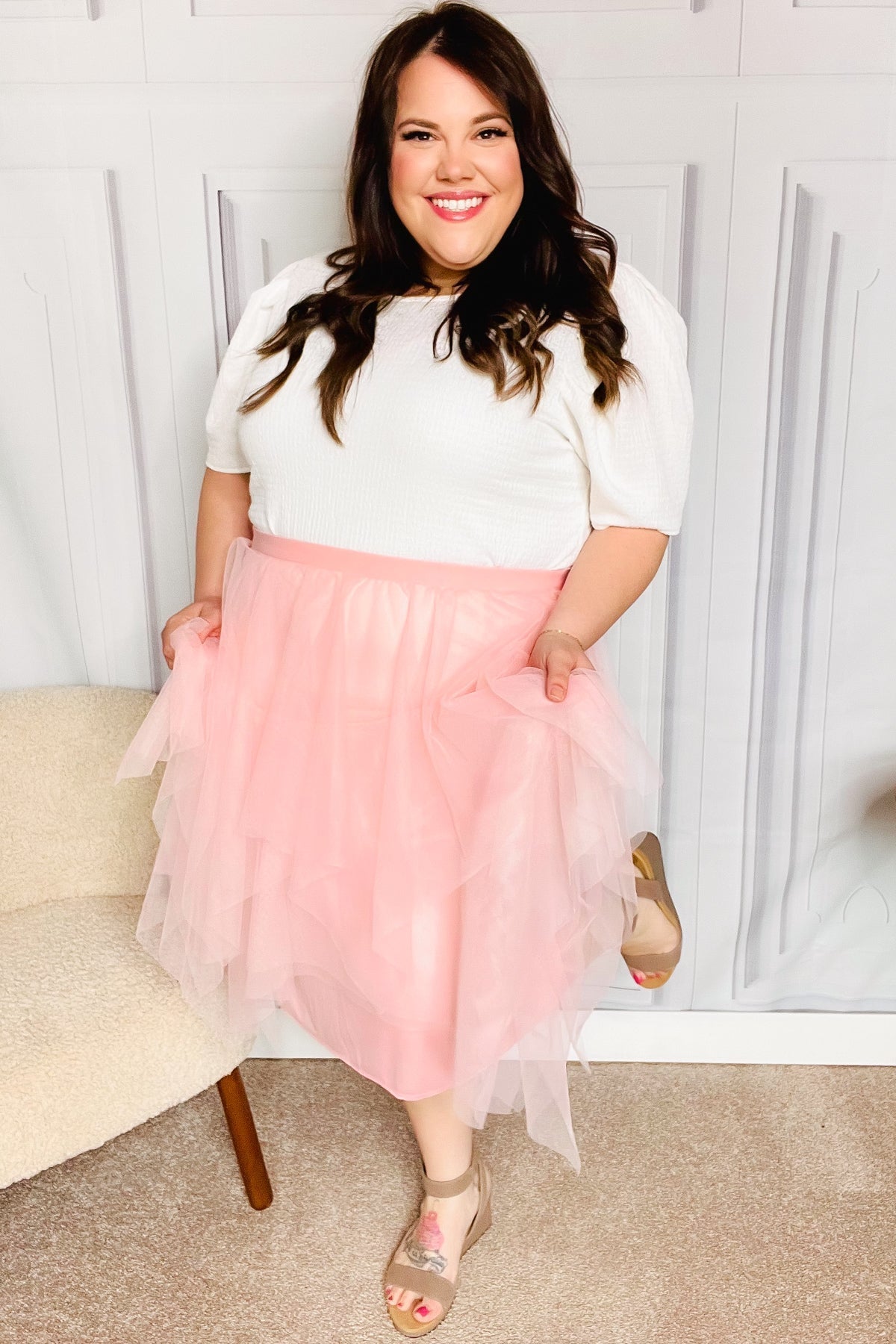 Feeling Femme' Blush Asymmetric Tiered Tulle Midi Skirt - Bitsy Gypsy Boutique