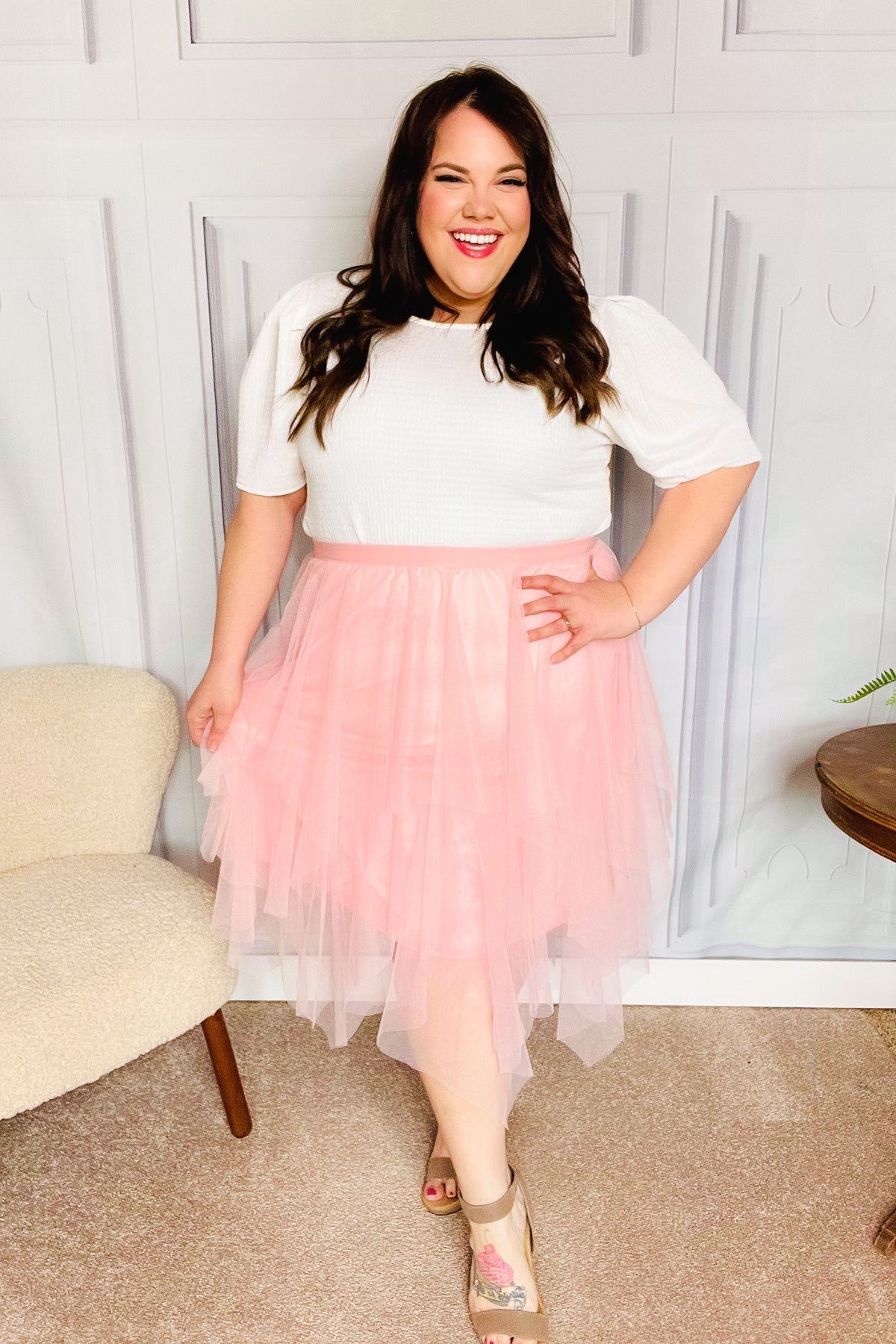 Feeling Femme' Blush Asymmetric Tiered Tulle Midi Skirt - Bitsy Gypsy Boutique