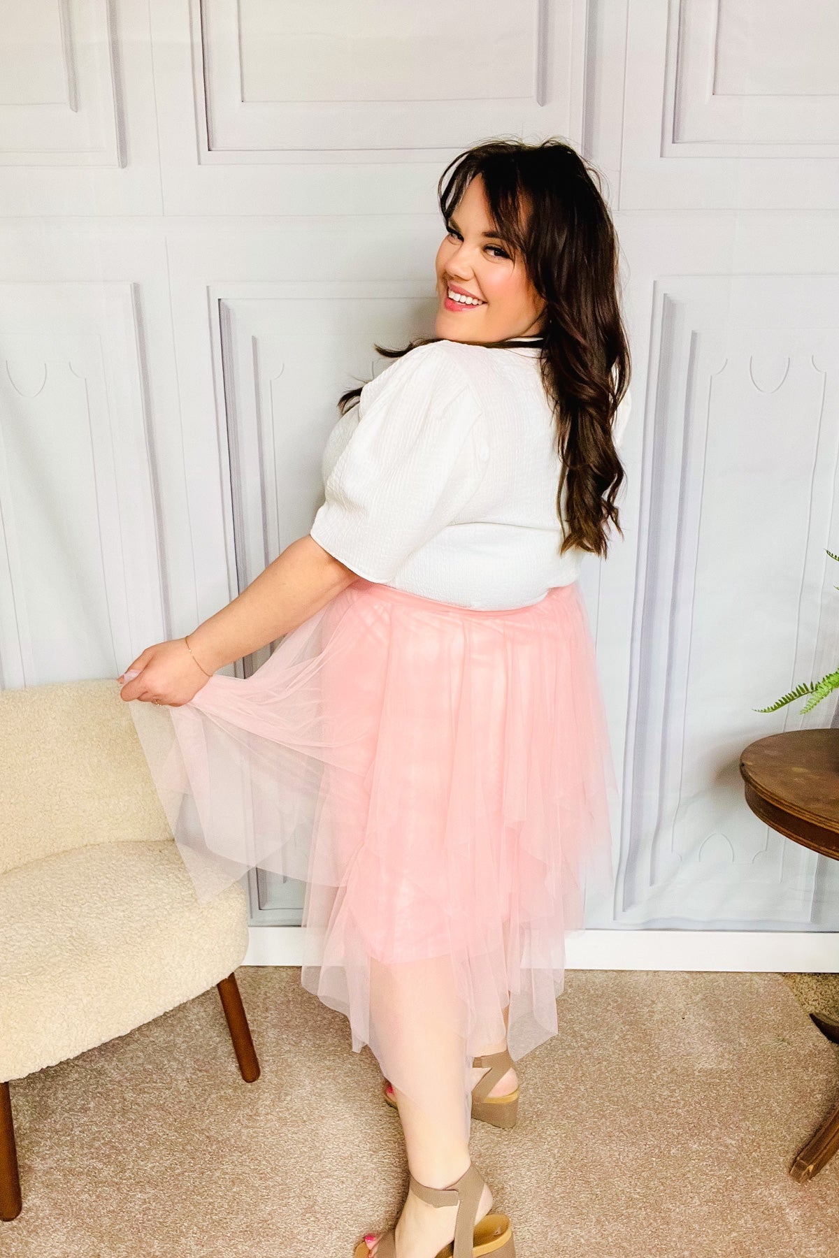 Feeling Femme' Blush Asymmetric Tiered Tulle Midi Skirt - Bitsy Gypsy Boutique