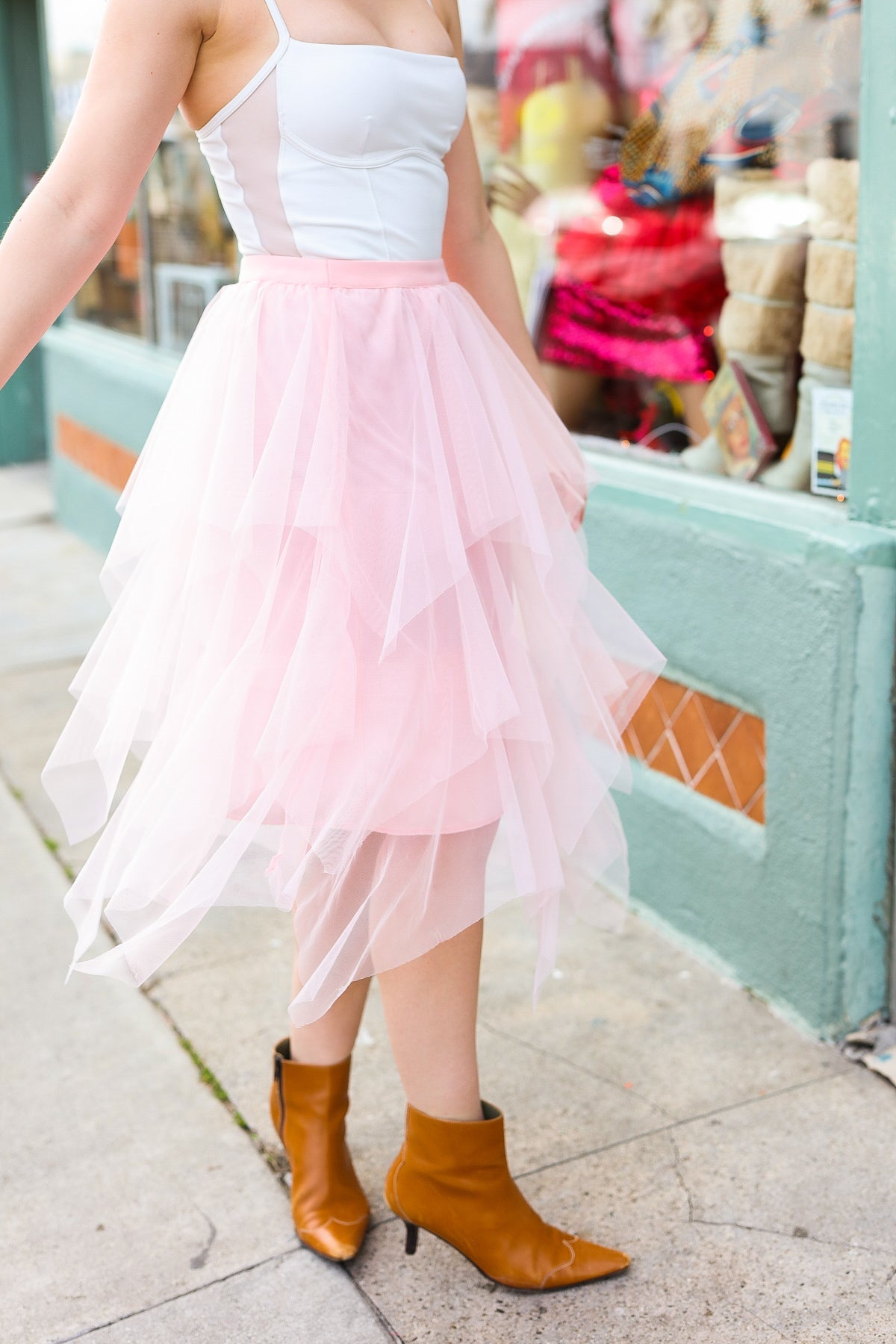 Feeling Femme' Blush Asymmetric Tiered Tulle Midi Skirt - Bitsy Gypsy Boutique