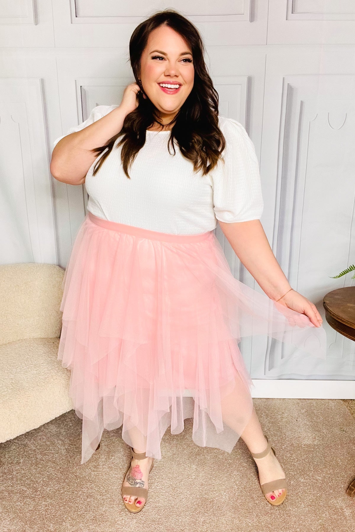 Feeling Femme' Blush Asymmetric Tiered Tulle Midi Skirt - Bitsy Gypsy Boutique