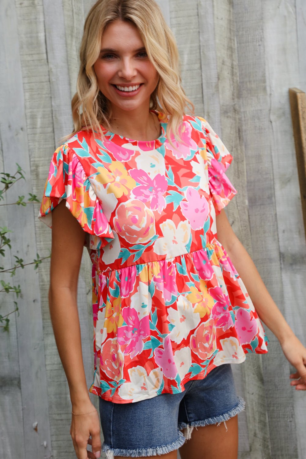 Feeling Femme' Coral Floral Print Folded Short Sleeve Babydoll Top - Bitsy Gypsy Boutique