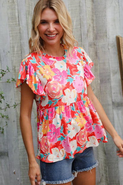 Feeling Femme' Coral Floral Print Folded Short Sleeve Babydoll Top - Bitsy Gypsy Boutique