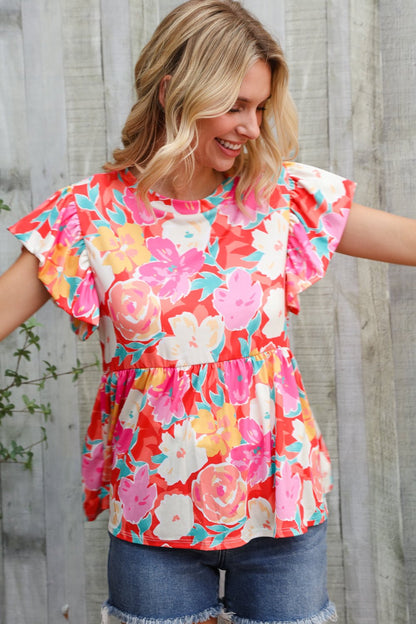 Feeling Femme' Coral Floral Print Folded Short Sleeve Babydoll Top - Bitsy Gypsy Boutique