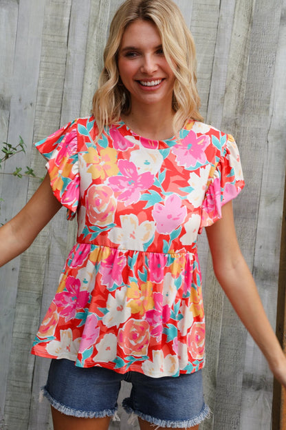 Feeling Femme' Coral Floral Print Folded Short Sleeve Babydoll Top - Bitsy Gypsy Boutique