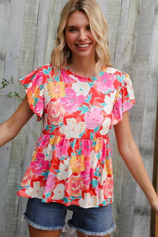 Feeling Femme' Coral Floral Print Folded Short Sleeve Babydoll Top - Bitsy Gypsy Boutique