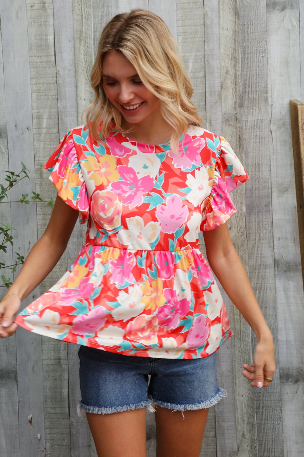 Feeling Femme' Coral Floral Print Folded Short Sleeve Babydoll Top - Bitsy Gypsy Boutique