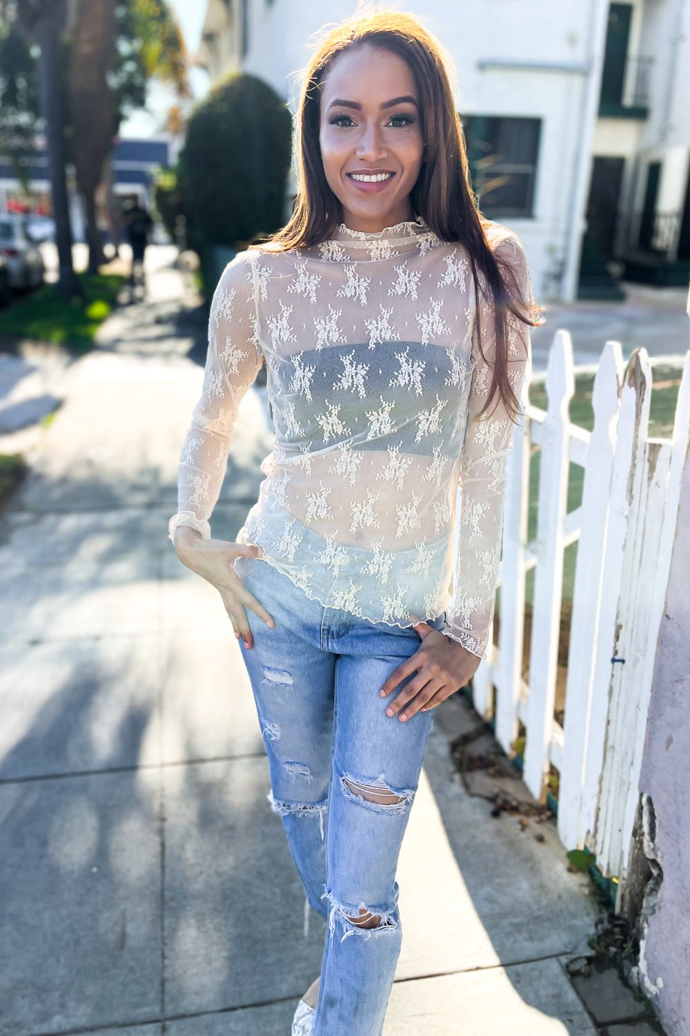 Feeling Femme Nude Lace Floral See - Through Layering Top - Bitsy Gypsy Boutique