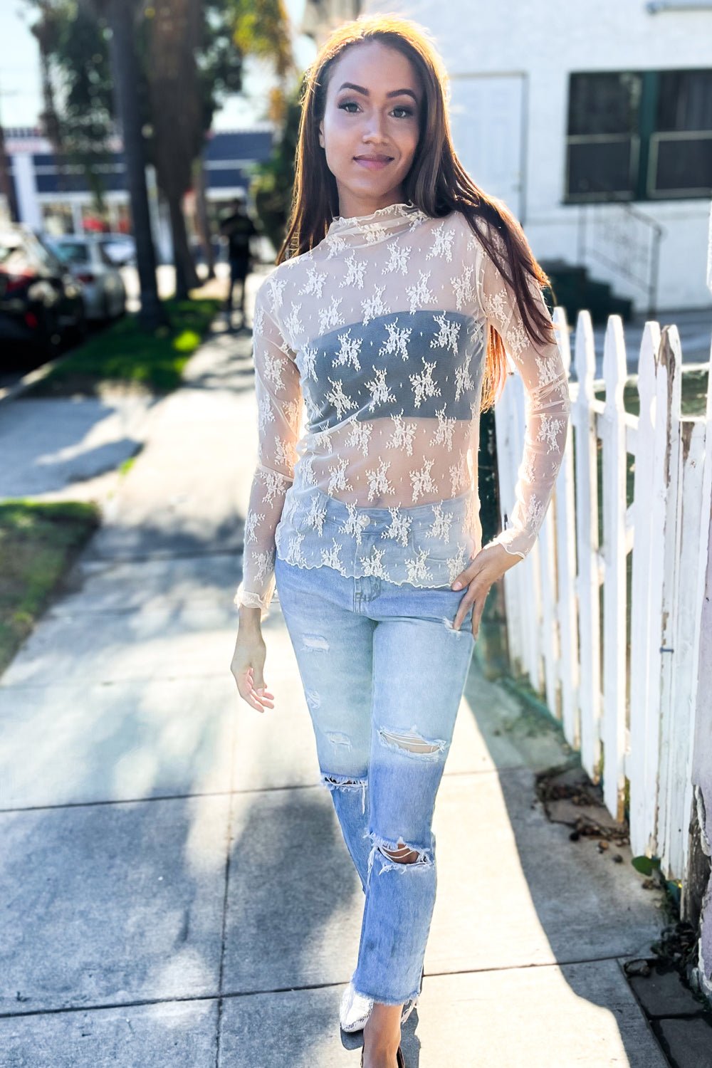 Feeling Femme Nude Lace Floral See - Through Layering Top - Bitsy Gypsy Boutique