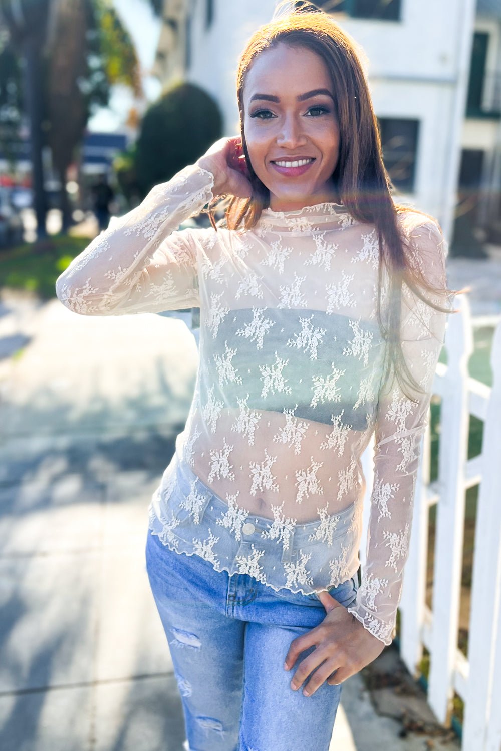 Feeling Femme Nude Lace Floral See - Through Layering Top - Bitsy Gypsy Boutique