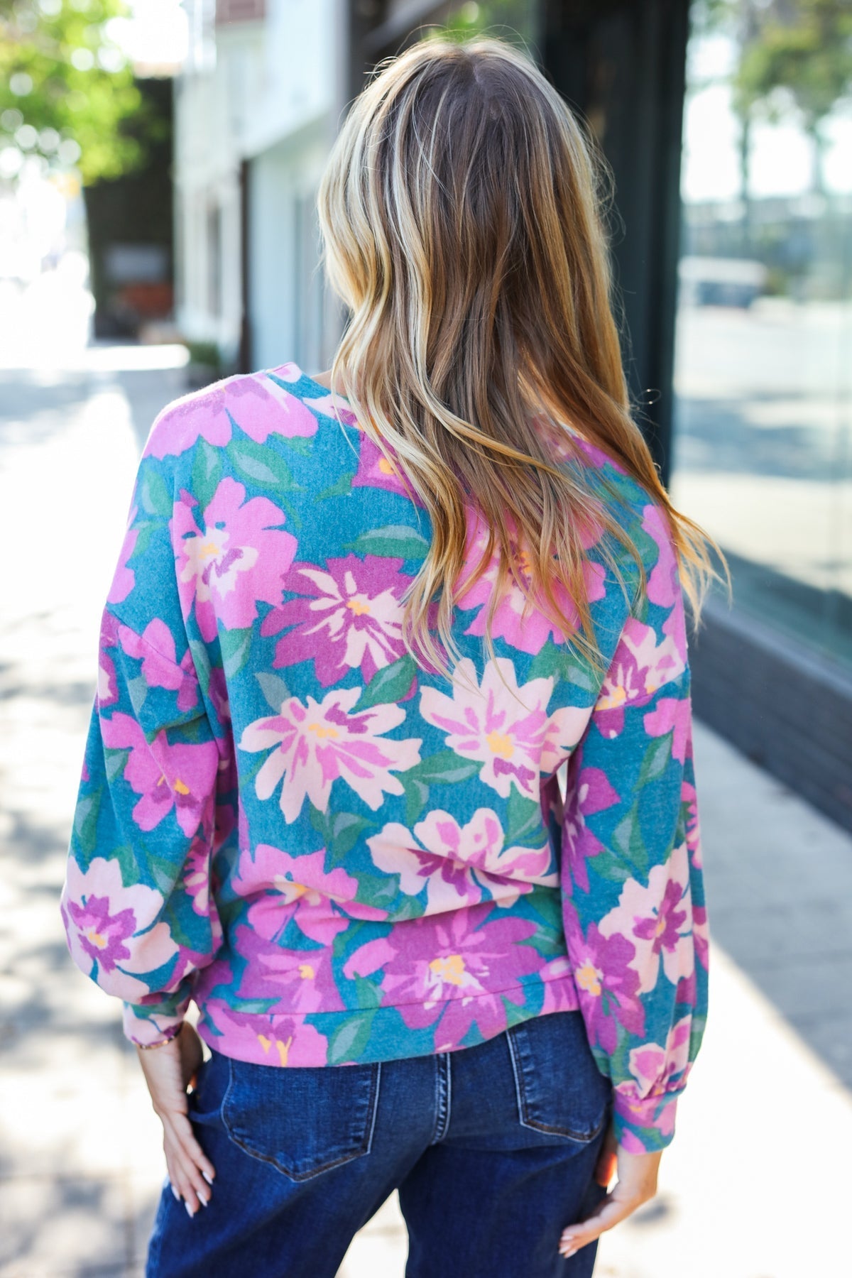 Feeling Femme Teal Floral Brushed Hacci Sweater Top - Bitsy Gypsy Boutique