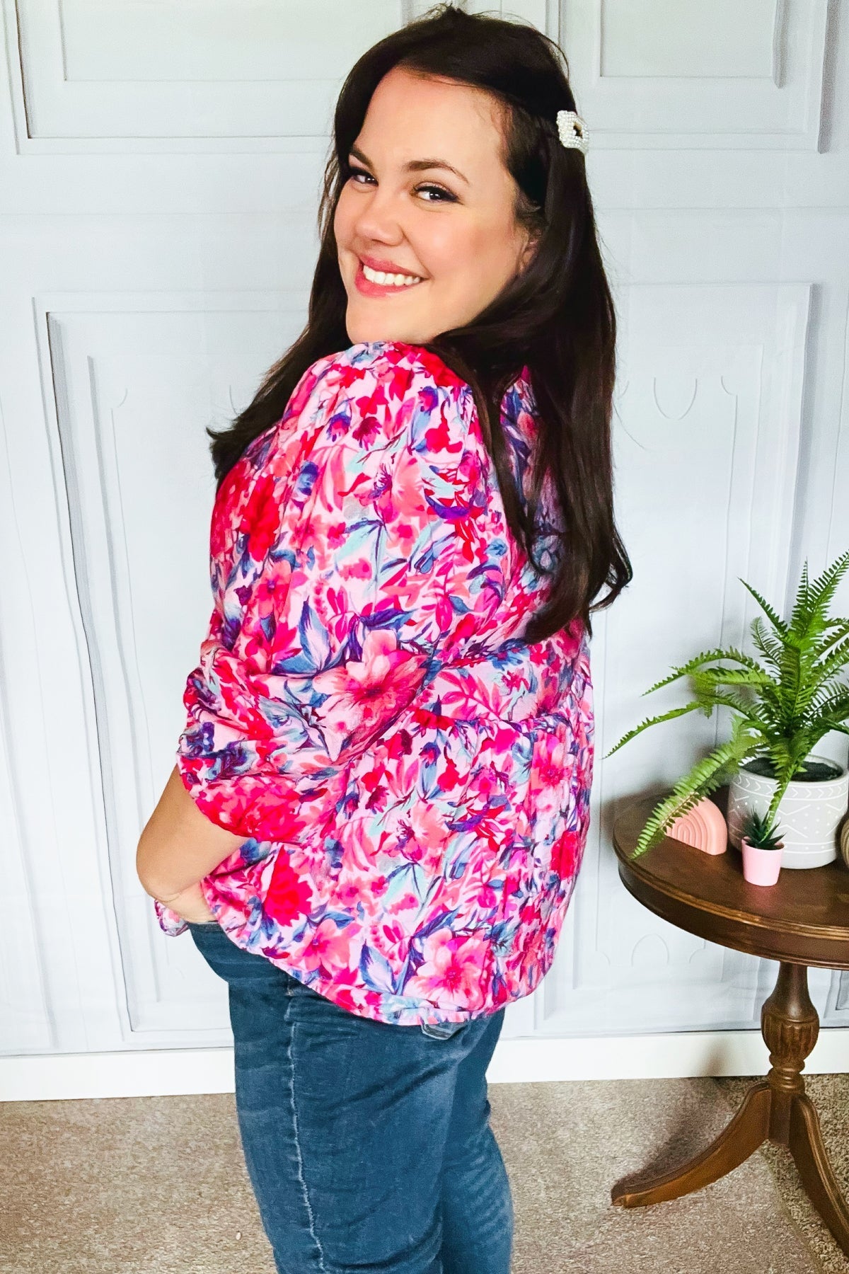 Feeling Femmi Pink & Fuchsia Floral Peplum Woven Top - Bitsy Gypsy Boutique