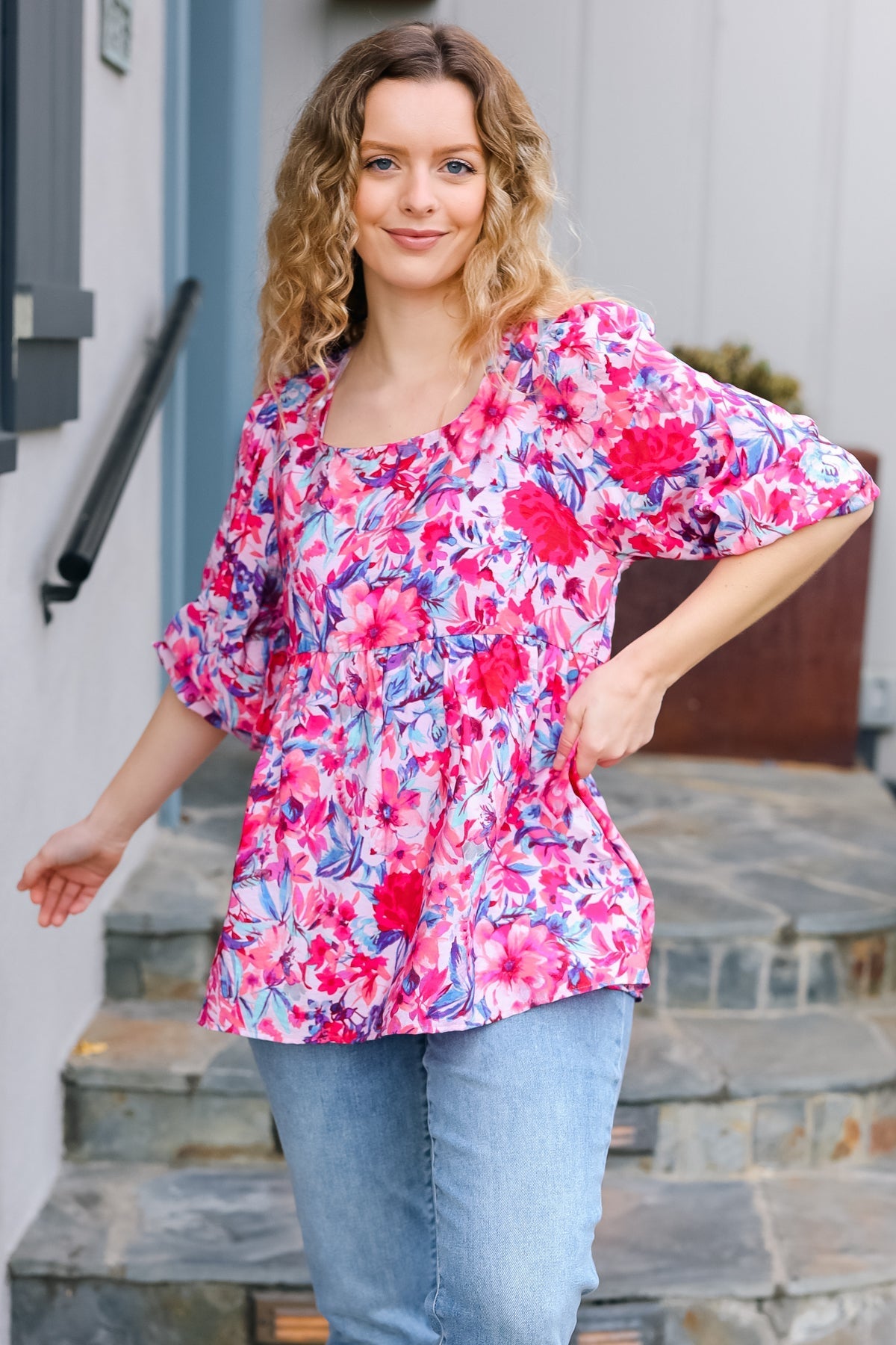 Feeling Femmi Pink & Fuchsia Floral Peplum Woven Top - Bitsy Gypsy Boutique