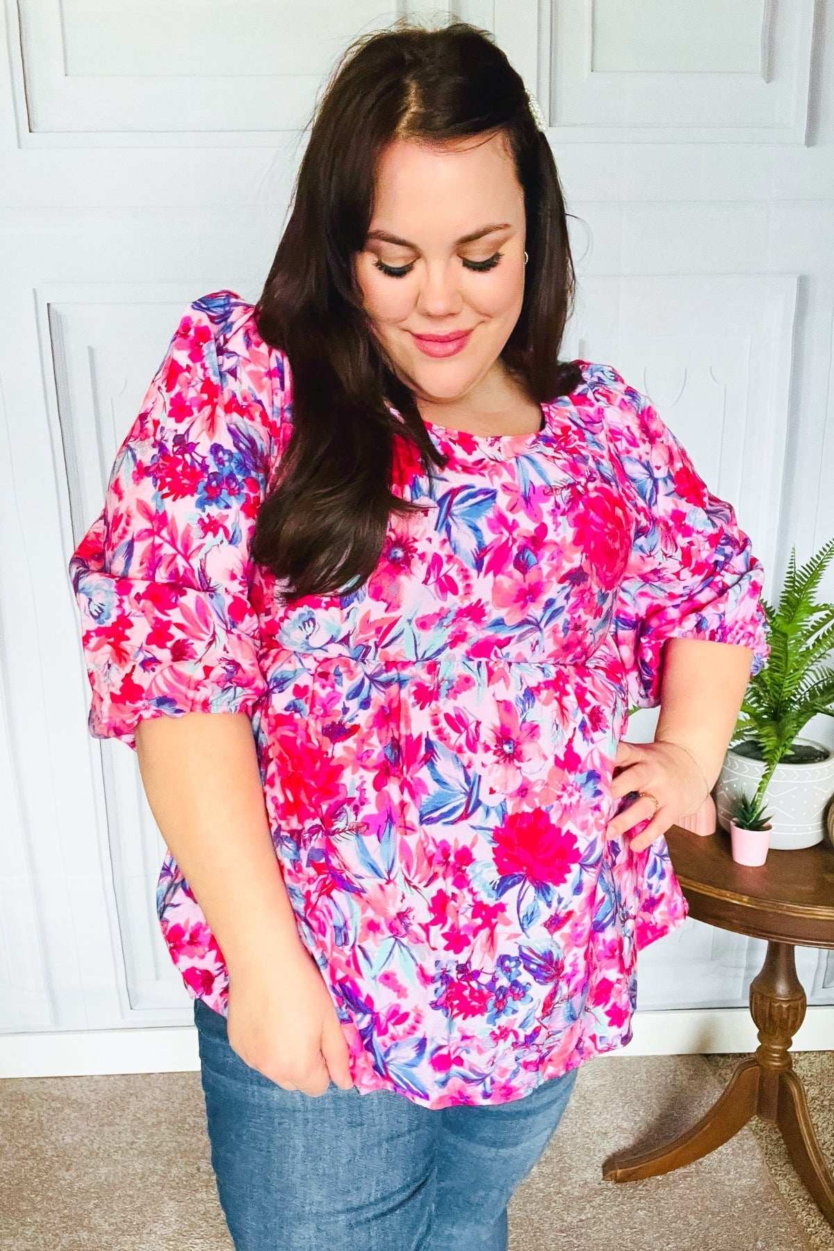 Feeling Femmi Pink & Fuchsia Floral Peplum Woven Top - Bitsy Gypsy Boutique