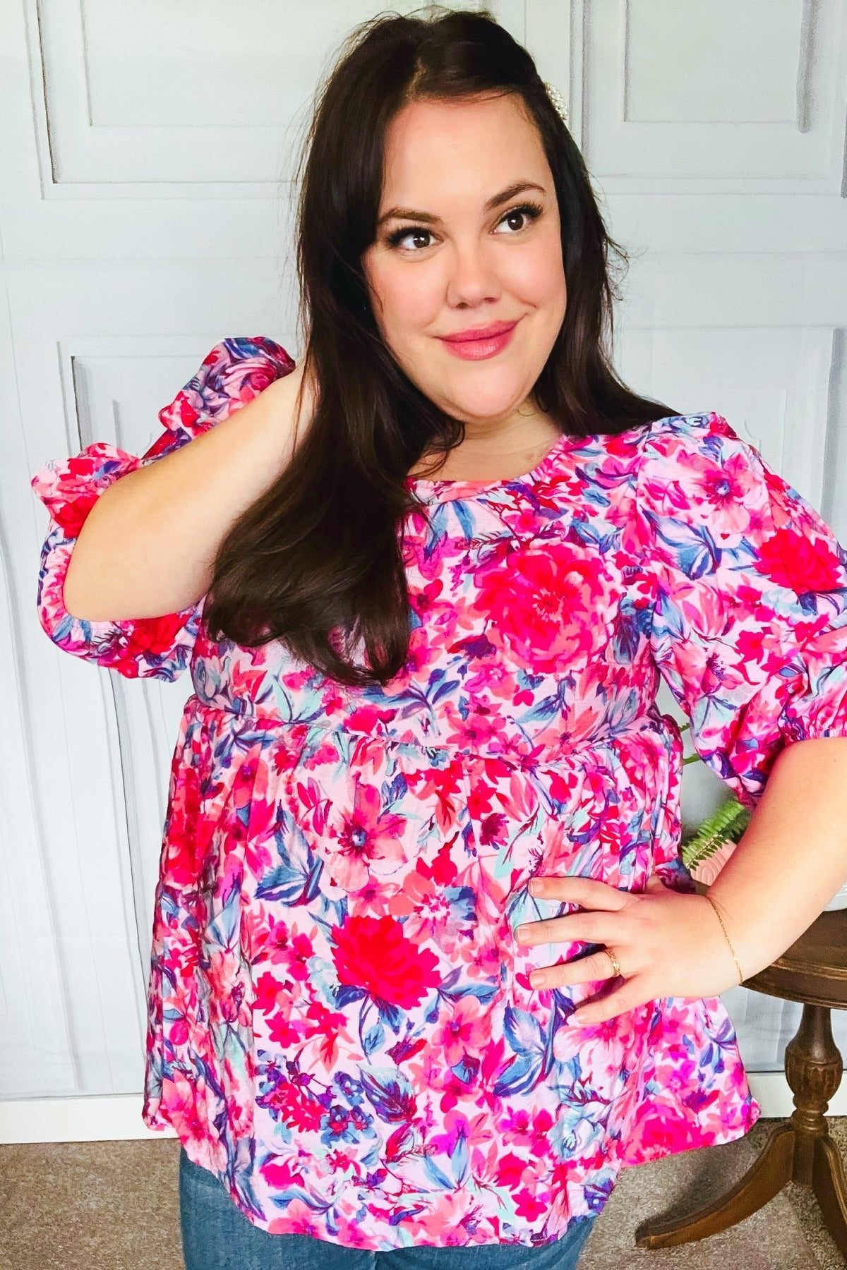 Feeling Femmi Pink & Fuchsia Floral Peplum Woven Top - Bitsy Gypsy Boutique