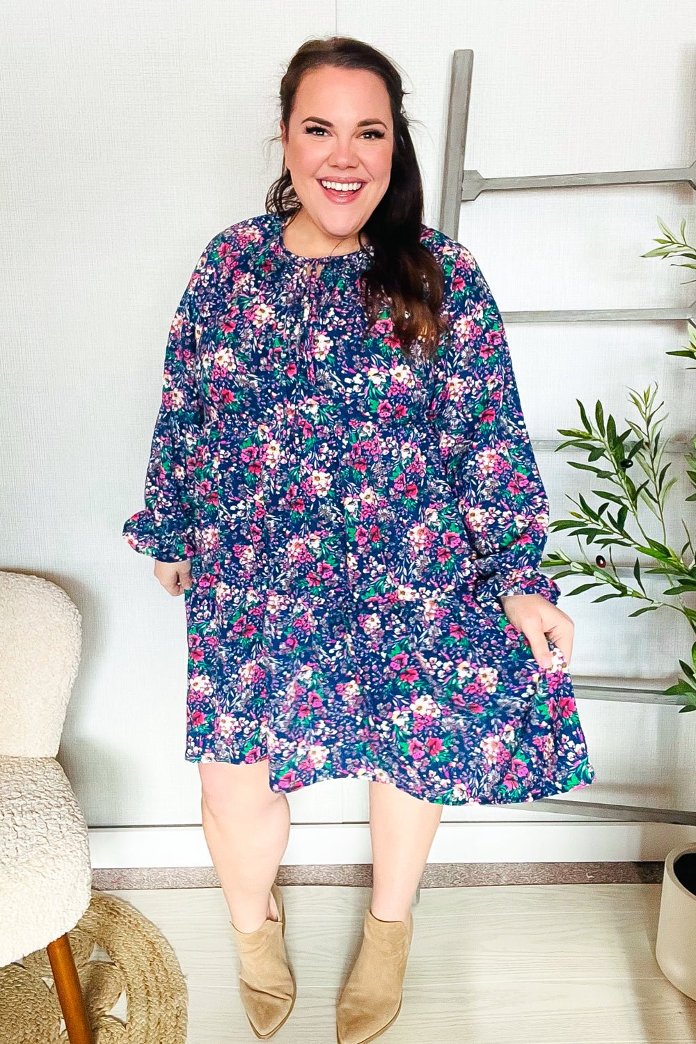 Feeling Joyful Navy Floral Bow Tie Babydoll Long Ruffle Sleeve Dress - Bitsy Gypsy Boutique