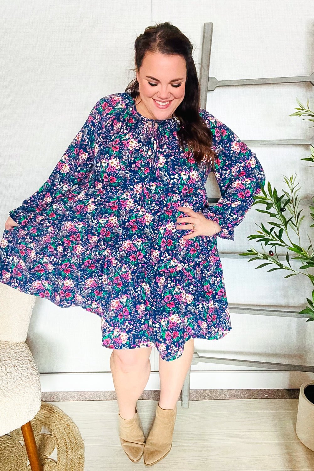 Feeling Joyful Navy Floral Bow Tie Babydoll Long Ruffle Sleeve Dress - Bitsy Gypsy Boutique