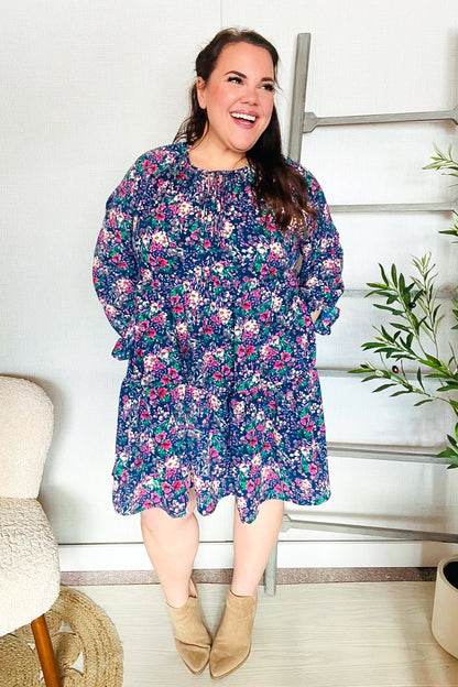 Feeling Joyful Navy Floral Bow Tie Babydoll Long Ruffle Sleeve Dress - Bitsy Gypsy Boutique