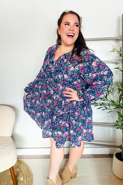 Feeling Joyful Navy Floral Bow Tie Babydoll Long Ruffle Sleeve Dress - Bitsy Gypsy Boutique