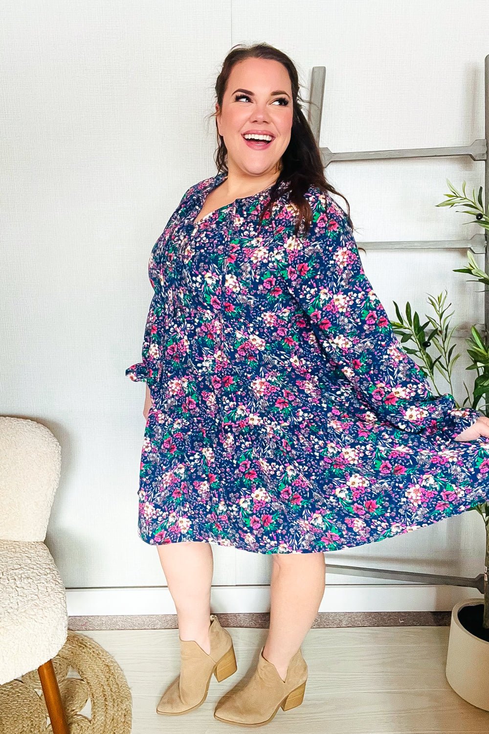Feeling Joyful Navy Floral Bow Tie Babydoll Long Ruffle Sleeve Dress - Bitsy Gypsy Boutique