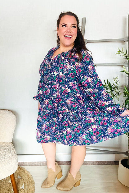 Feeling Joyful Navy Floral Bow Tie Babydoll Long Ruffle Sleeve Dress - Bitsy Gypsy Boutique