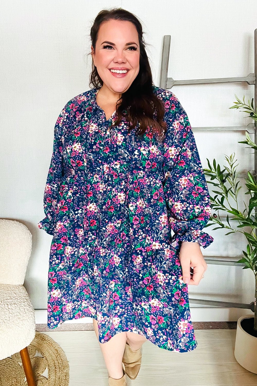 Feeling Joyful Navy Floral Bow Tie Babydoll Long Ruffle Sleeve Dress - Bitsy Gypsy Boutique