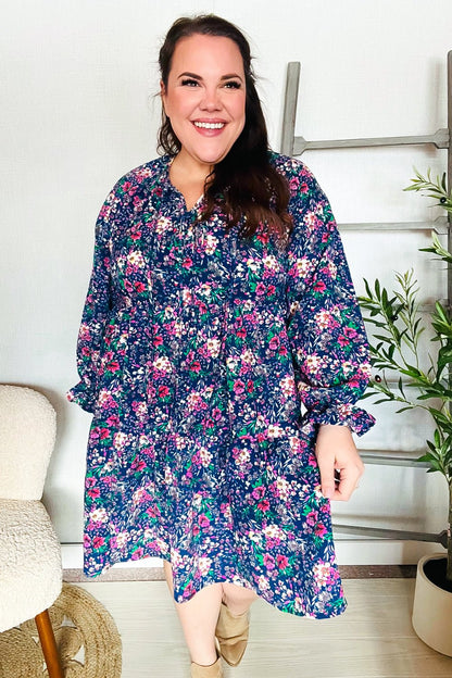 Feeling Joyful Navy Floral Bow Tie Babydoll Long Ruffle Sleeve Dress - Bitsy Gypsy Boutique