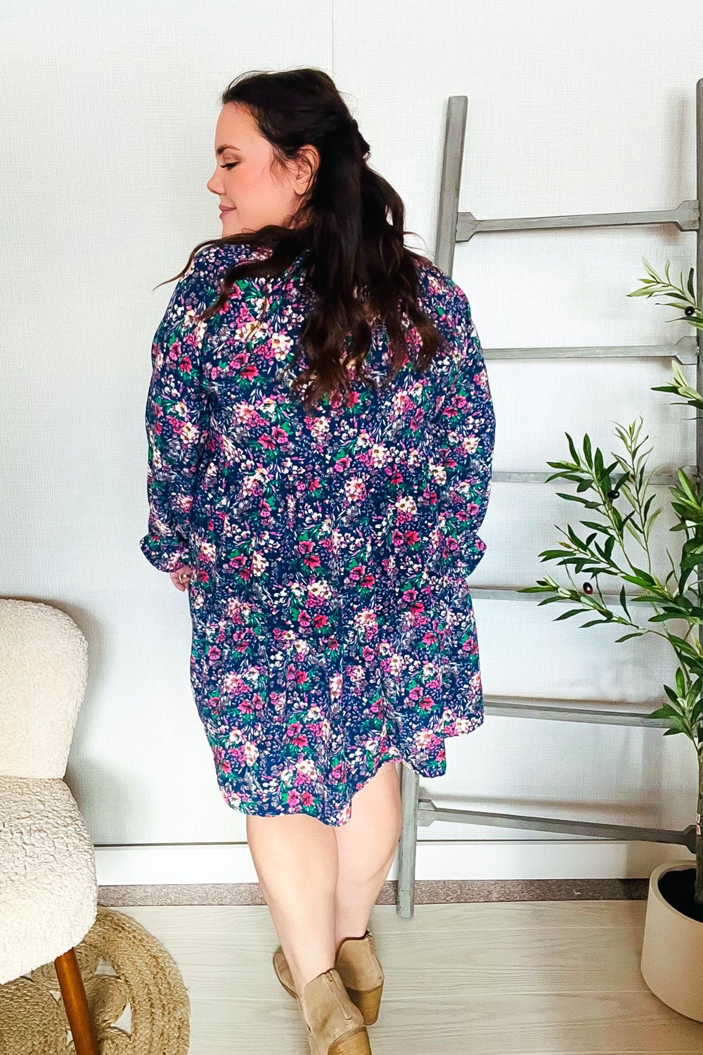 Feeling Joyful Navy Floral Bow Tie Babydoll Long Ruffle Sleeve Dress - Bitsy Gypsy Boutique