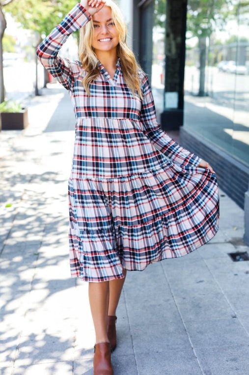 Feeling Joyful Taupe Plaid Notched Neck Tiered Dress - Bitsy Gypsy Boutique