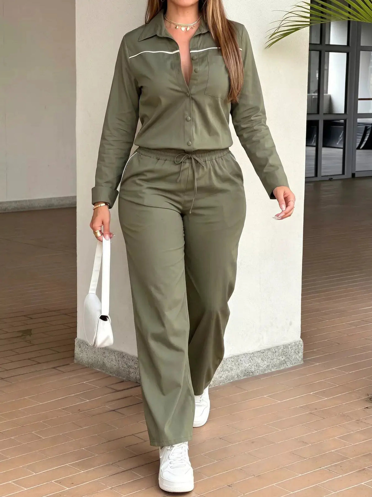 Button Front Jumpsuit with Drawstring Waist by Trendsi