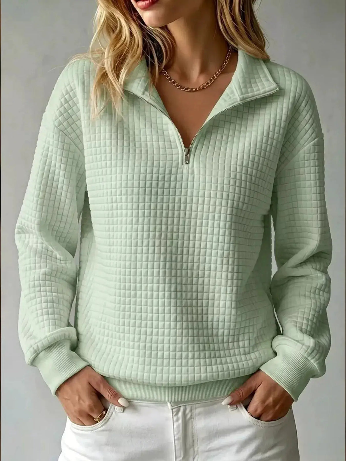 Waffle Knit Quarter-Zip Sweatshirt by Trendsi
