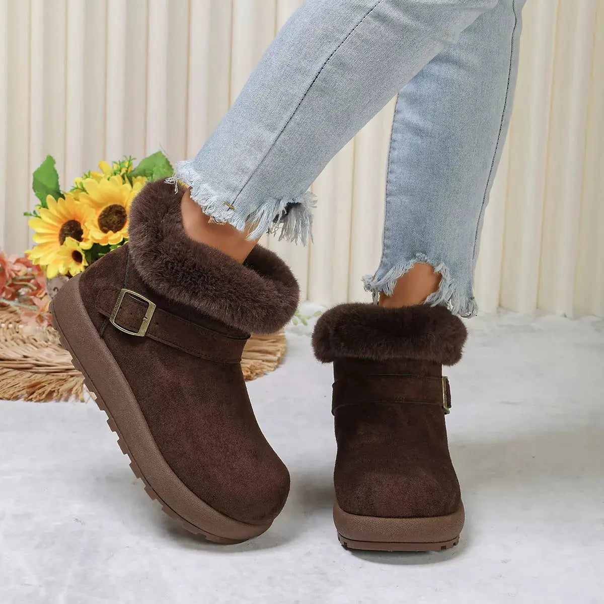 Round Toe Fuzzy Boots by Trendsi
