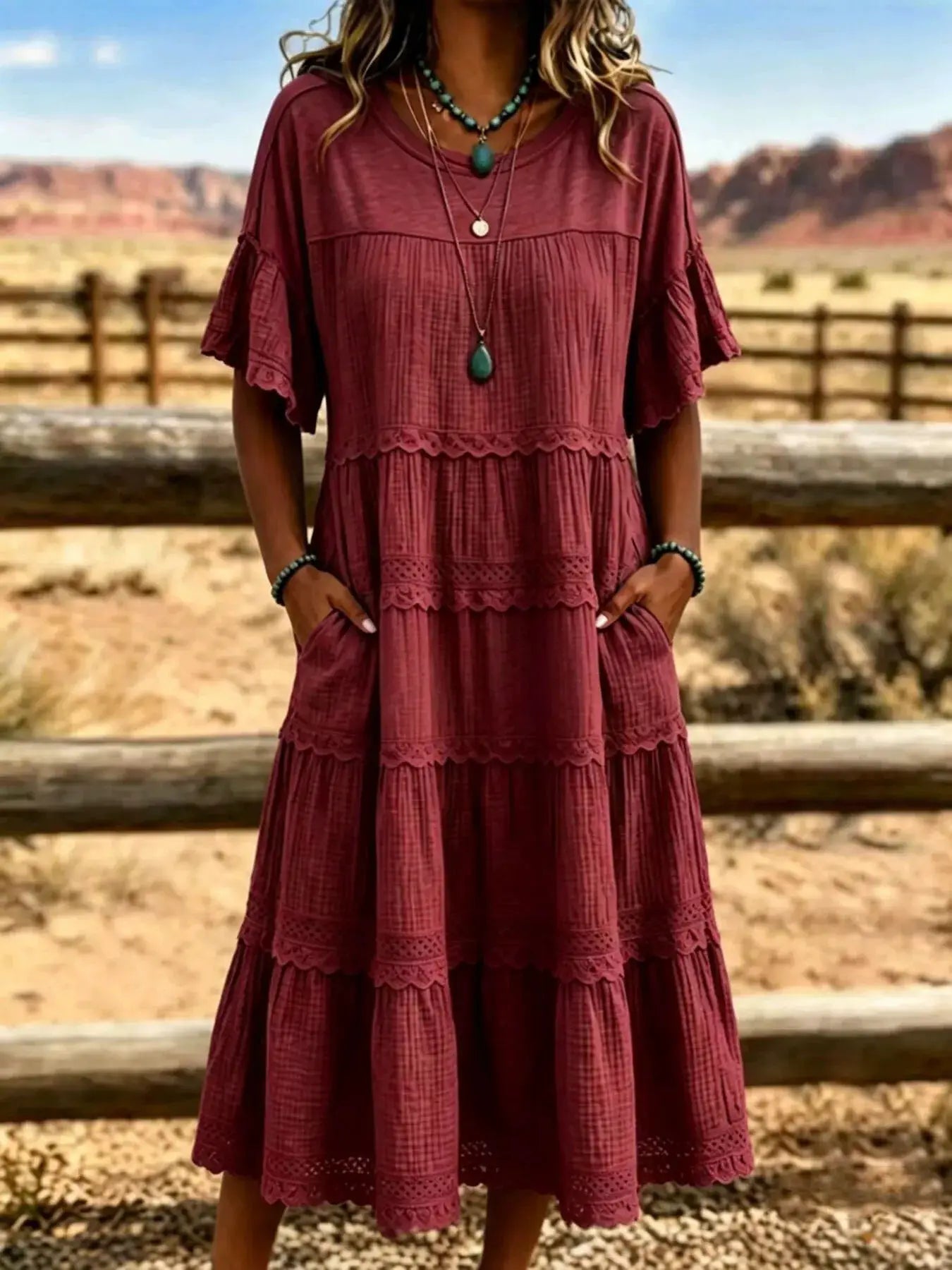 Full Size Tiered Ruffle Sleeve Midi Dress with Pockets Plus Size by Trendsi