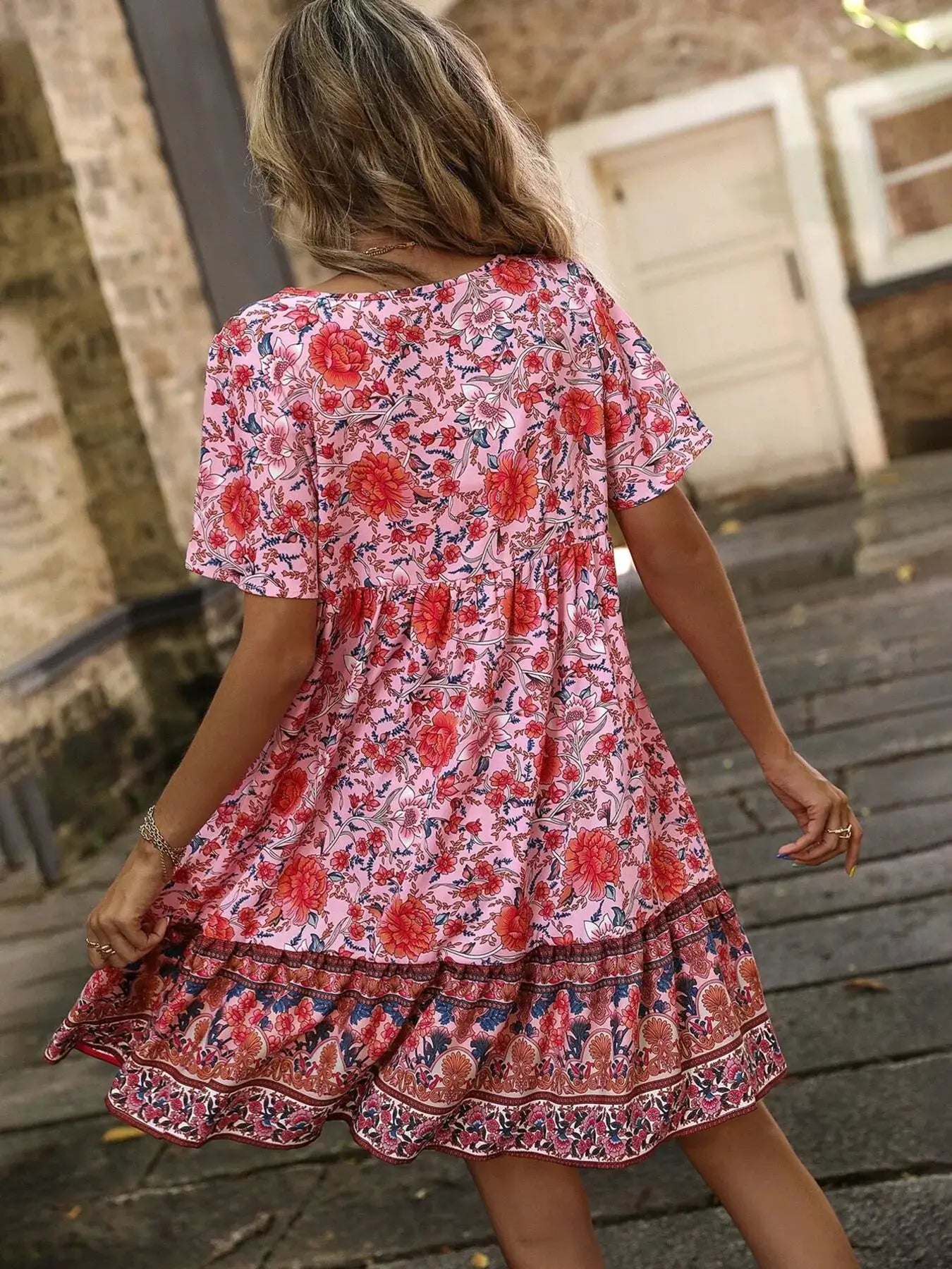 Floral Print Tie-Neck Ruffle Hem Mini Dress by Trendsi