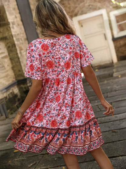 Floral Print Tie-Neck Ruffle Hem Mini Dress by Trendsi