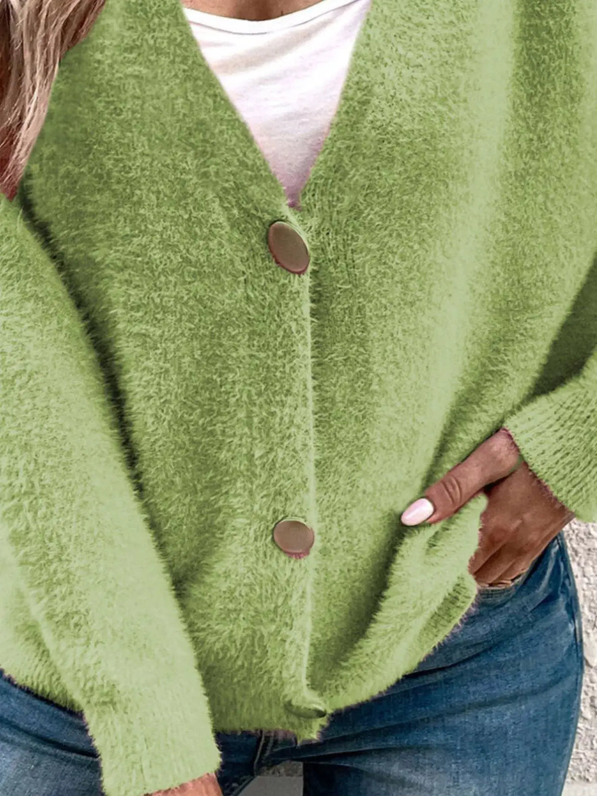 Soft Fuzzy V-Neck Button-Down Cardigan by Trendsi