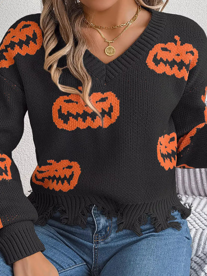 Pumpkin Distressed Hem Sweater by Trendsi